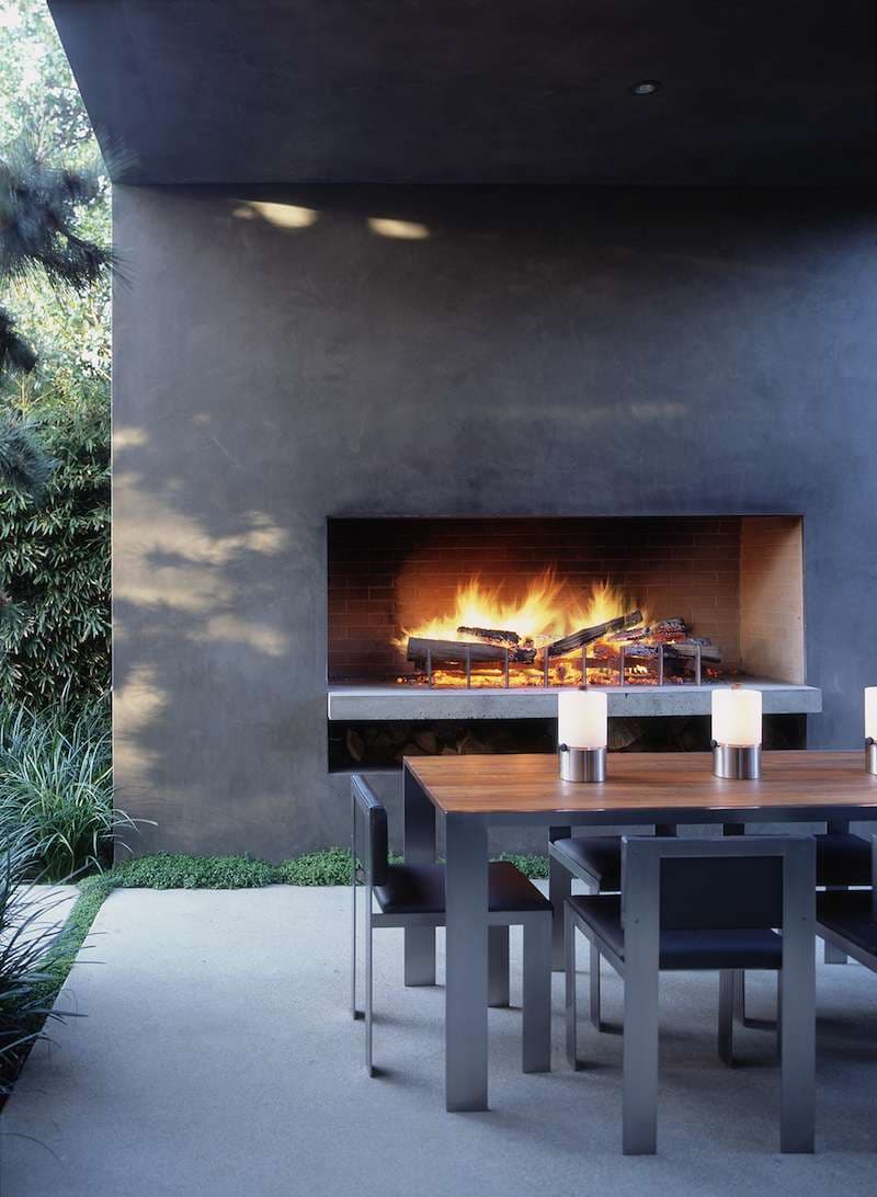 Outdoor fireplace with specialty plaster finish