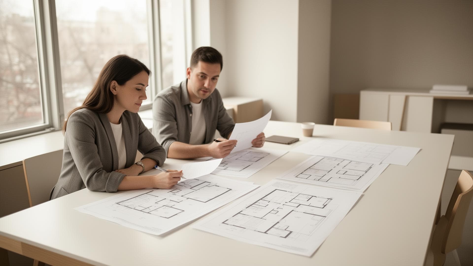 Professional design consultation reviewing architectural plans
