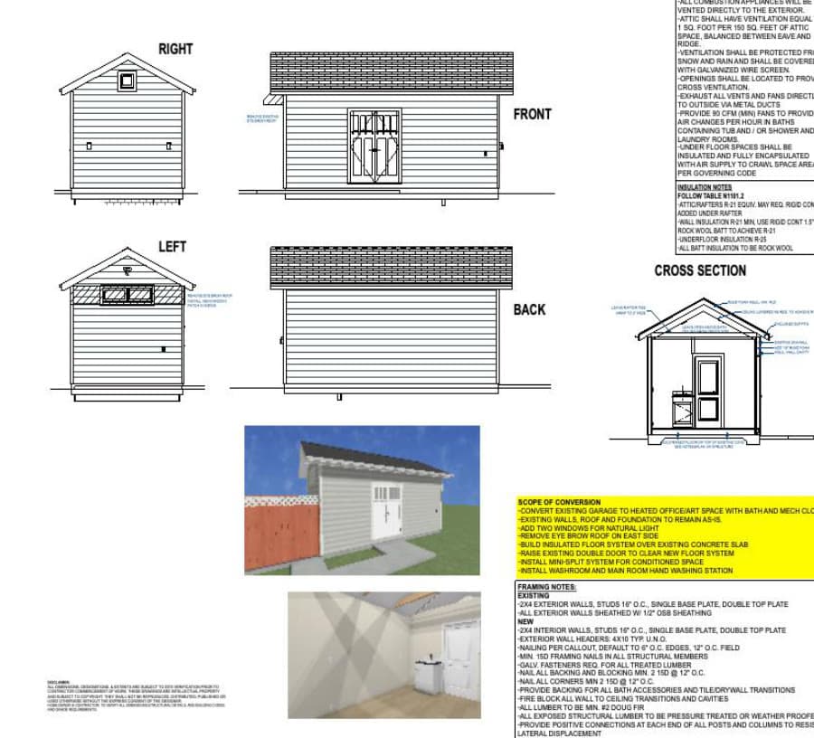 ADU plan sheet showing elevations, cross section, conversion scope notes, and construction details.