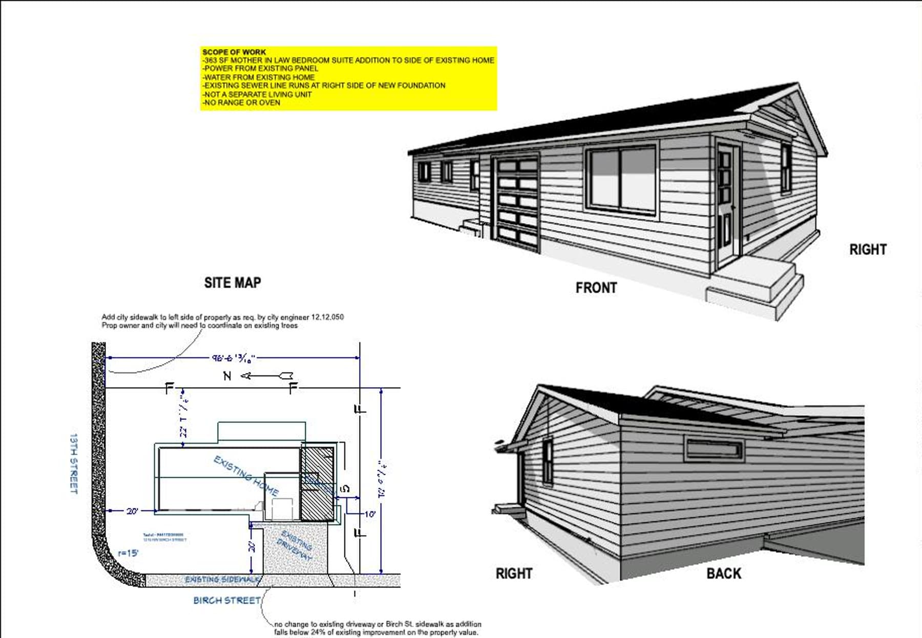 Residential remodel design sheet showing scope notes, exterior studies, and interior planning views.