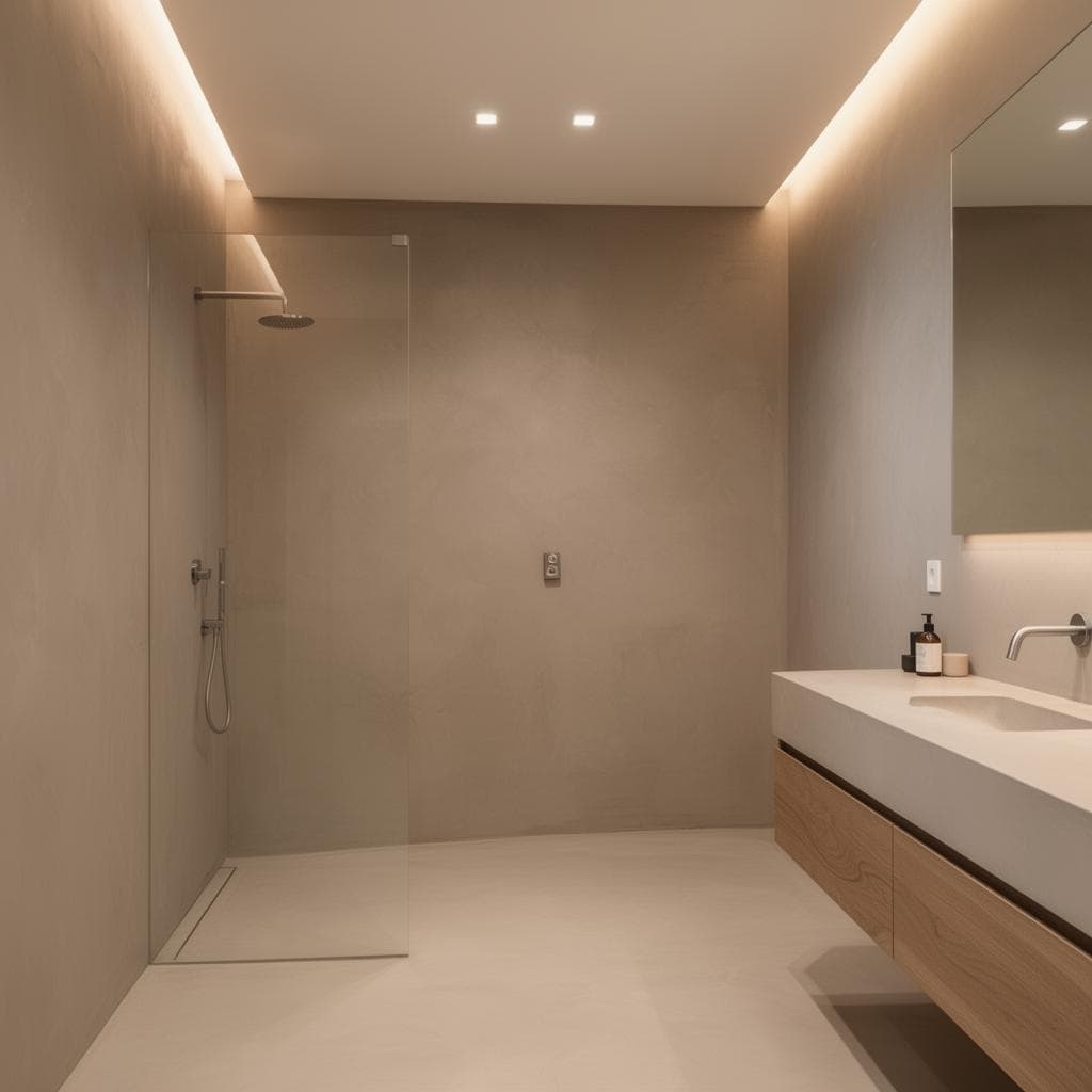 Seamless microcement shower with continuous walls and floor