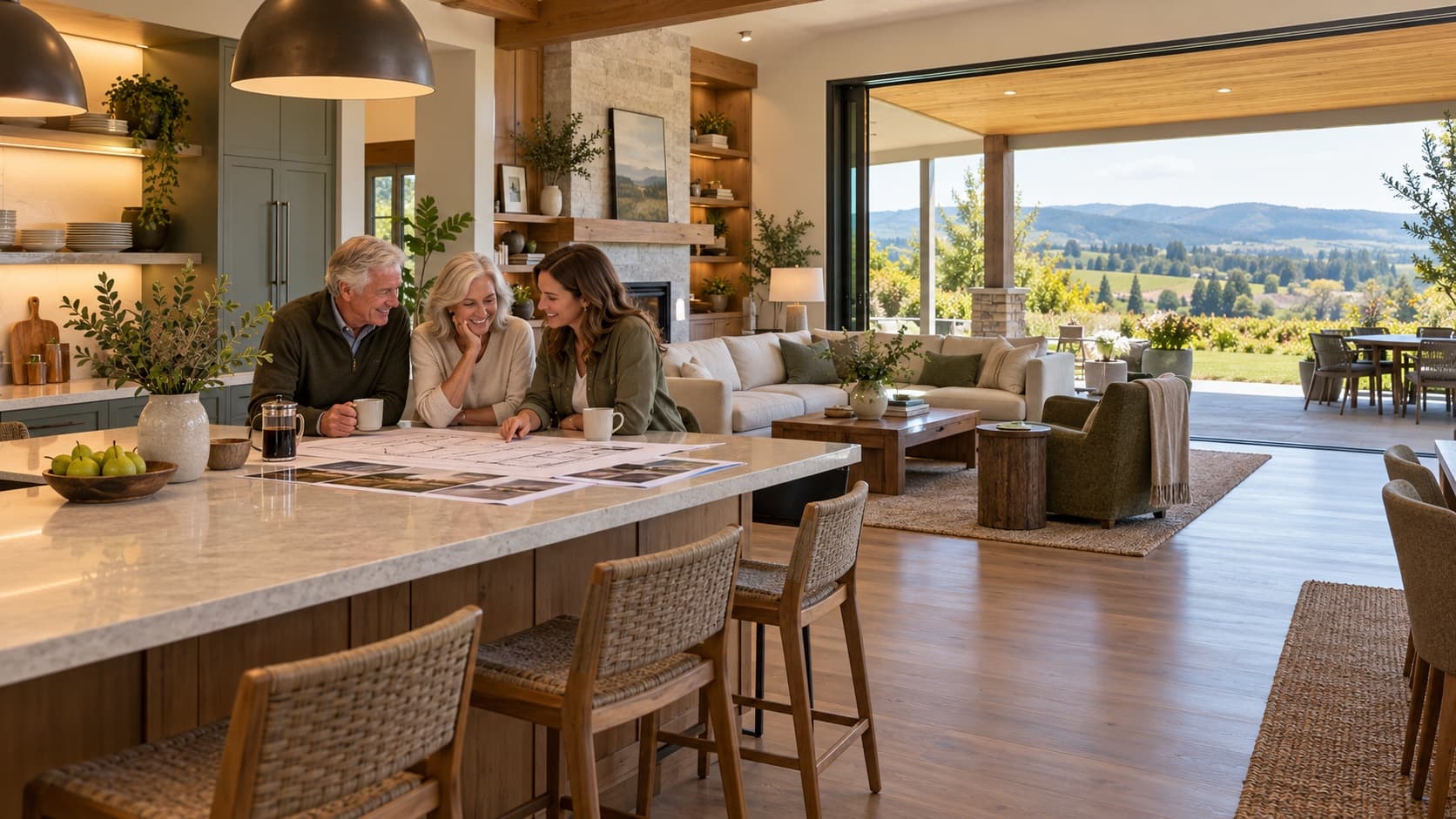 Older homeowners and their adult daughter reviewing plans in a comfortable single-level Northwest Oregon custom home
