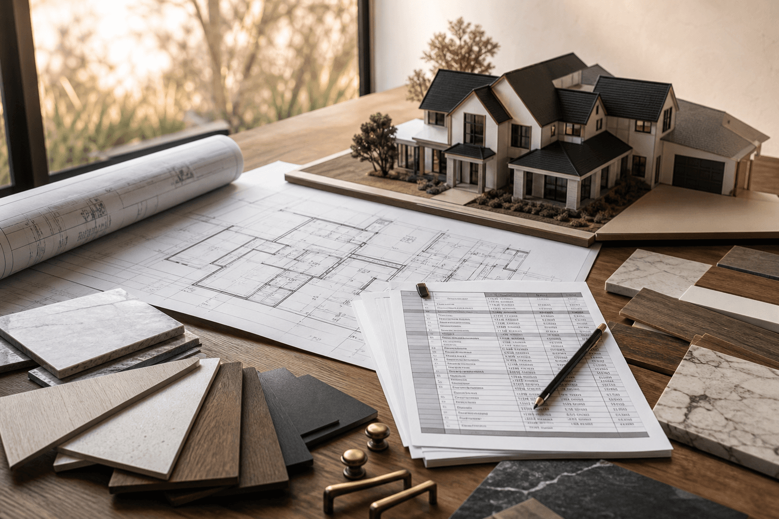 Architectural plans, a project budget, finish samples, and a custom home model arranged on a design table