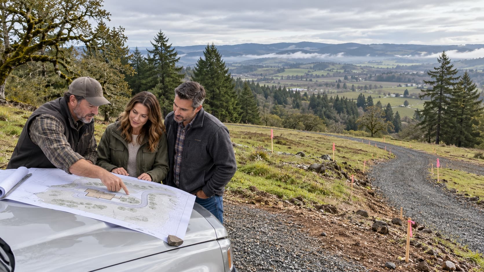 A designer-builder and homeowners comparing a site plan with a rural building lot near McMinnville, Oregon