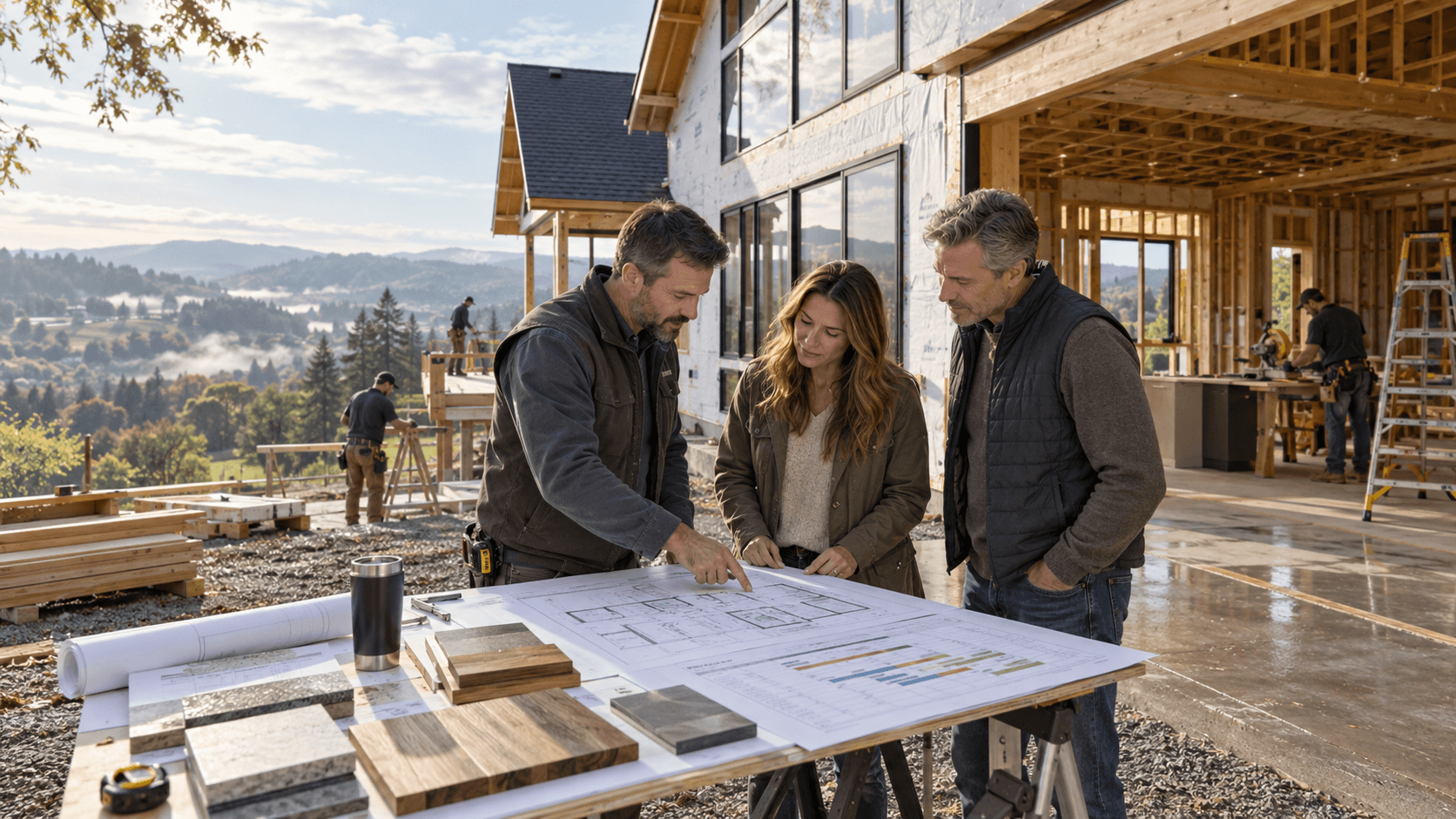 Homeowners and a designer-builder reviewing plans and schedule at a Northwest Oregon custom home under construction