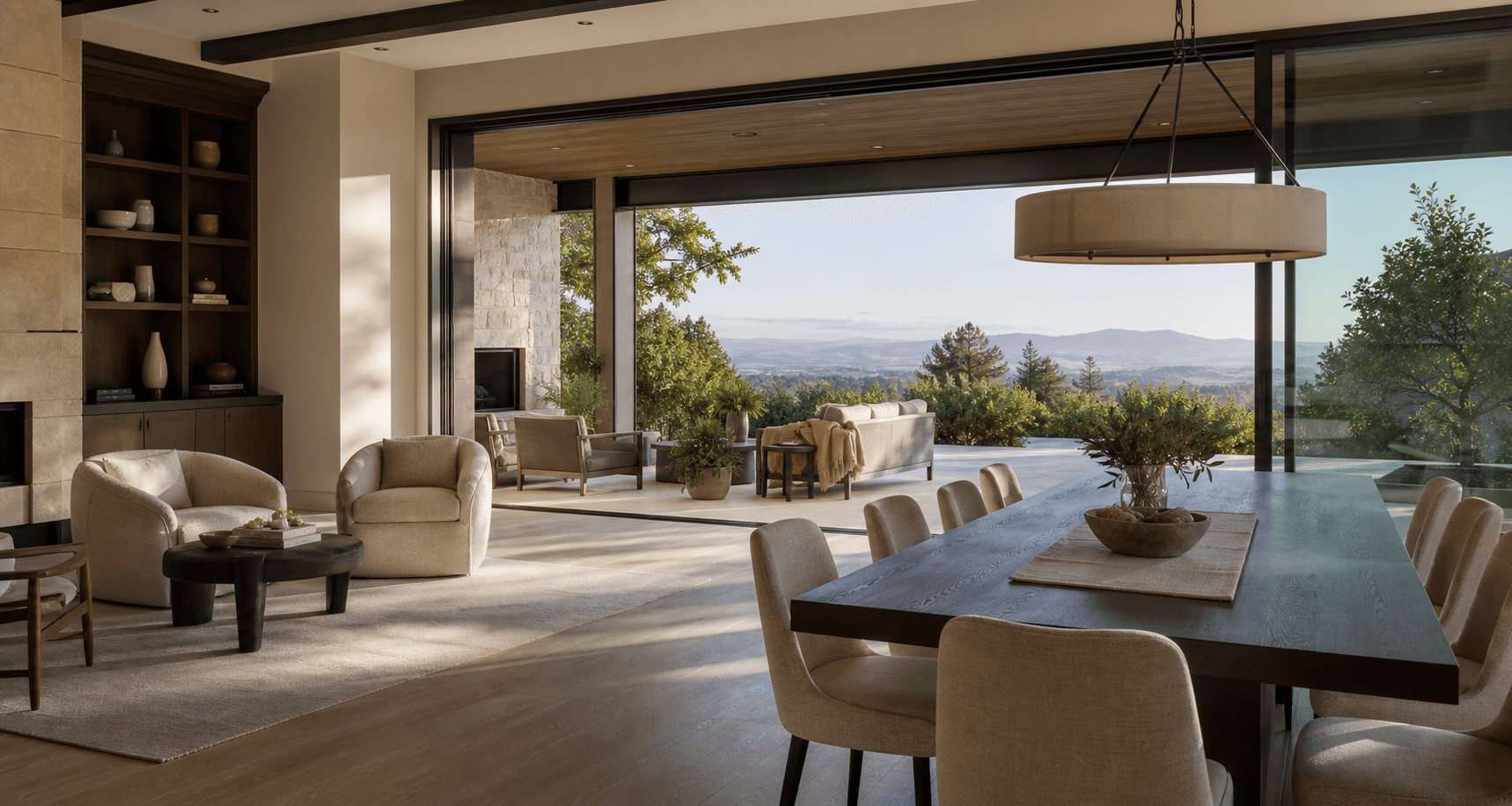 A refined custom home interior with balanced proportions, warm materials, and indoor outdoor living