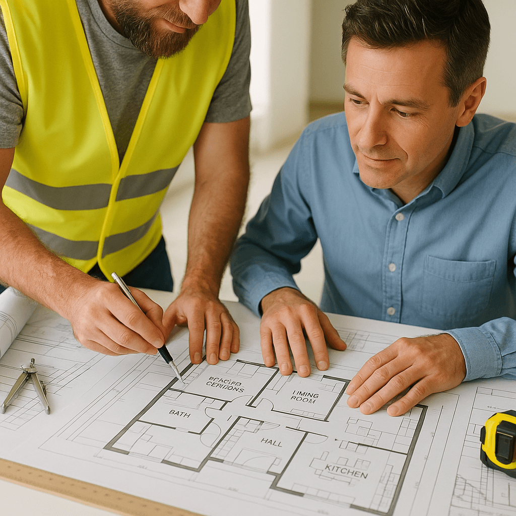 A builder and homeowner reviewing custom home floor plans together