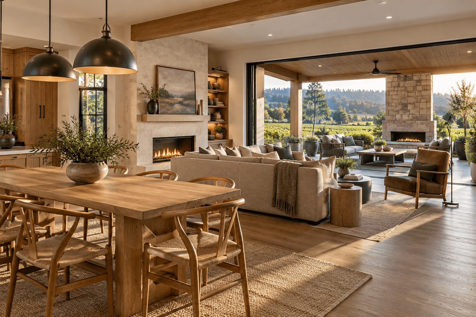 Efficient custom home great room and dining area flowing directly into a covered outdoor living room near McMinnville