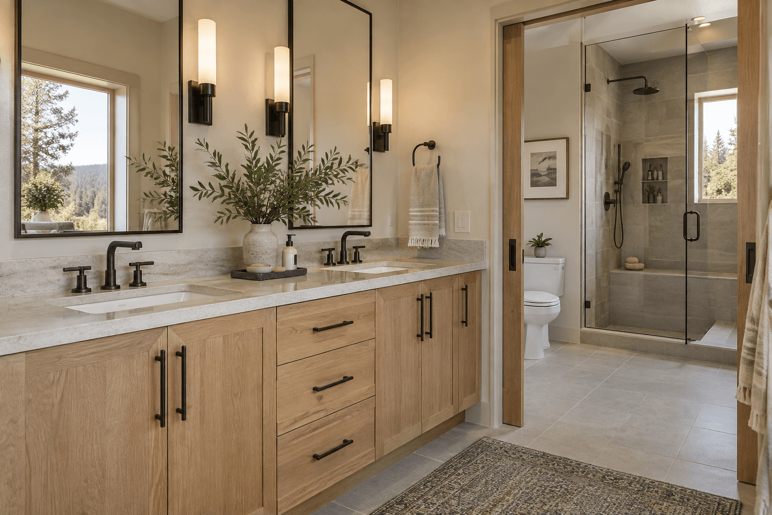 Split hall bathroom with a double vanity outside a separate toilet and shower compartment in a Northwest Oregon custom home