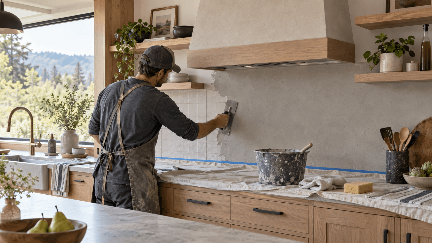 Craftsperson applying a seamless microcement finish over sound existing kitchen backsplash tile