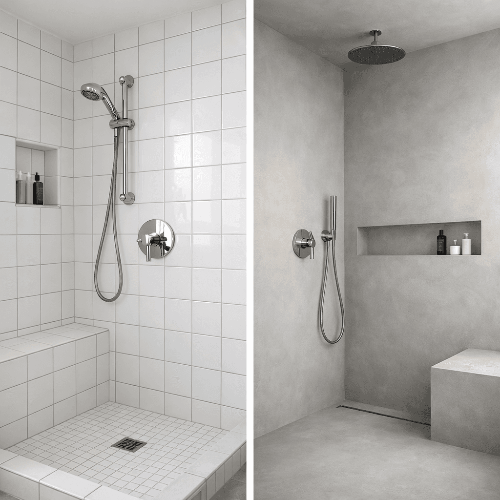 Side-by-side bathroom comparison showing tile grout lines and a seamless microcement shower
