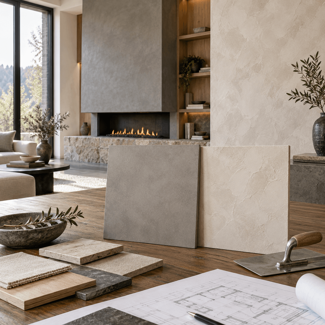Microcement and Venetian plaster specialty finish samples in a refined custom home design setting