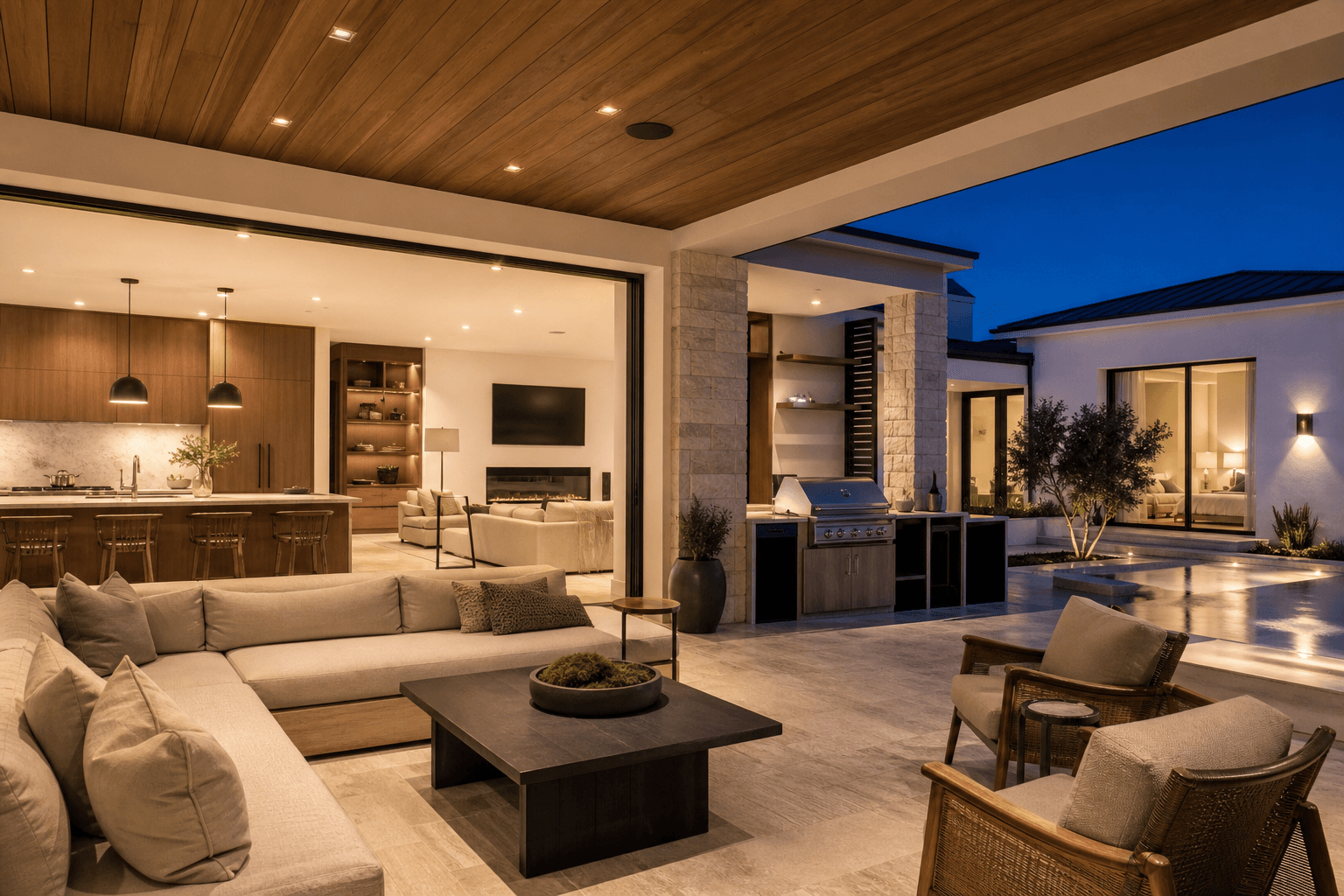 A covered outdoor living space connected to a warm custom home interior with an outdoor kitchen and pool