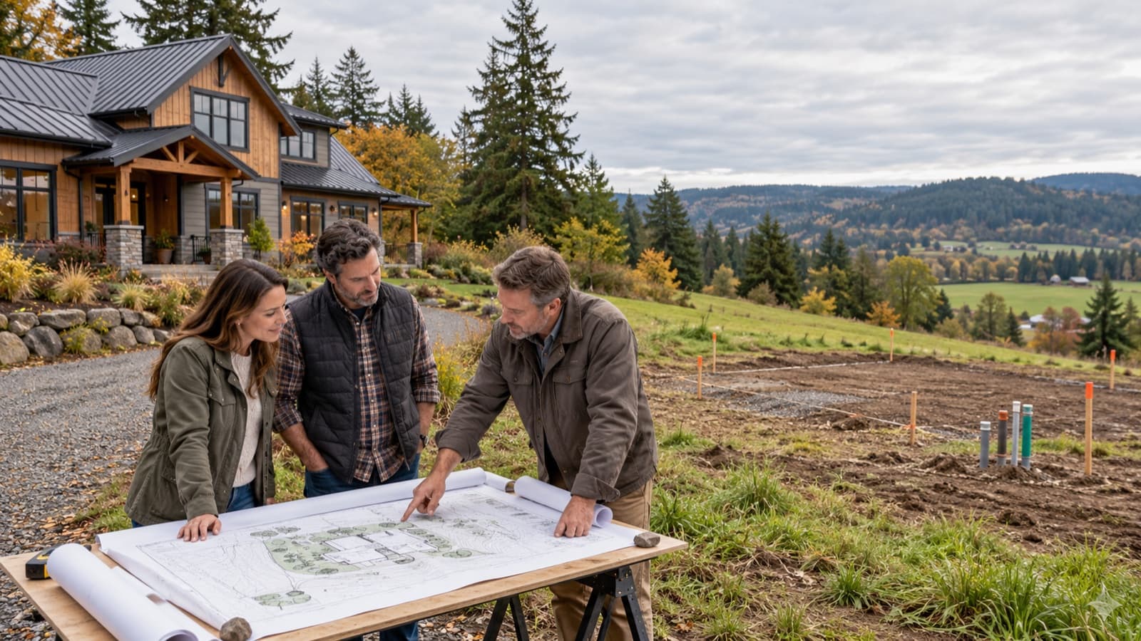 Homeowners and a designer reviewing a site plan beside a reserved future ADU location near McMinnville, Oregon