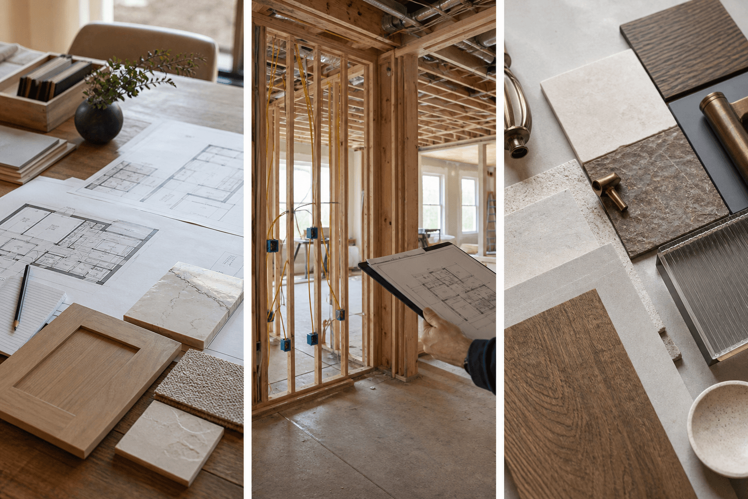 Remodel planning documents, construction decisions, and finish selections for a custom home project