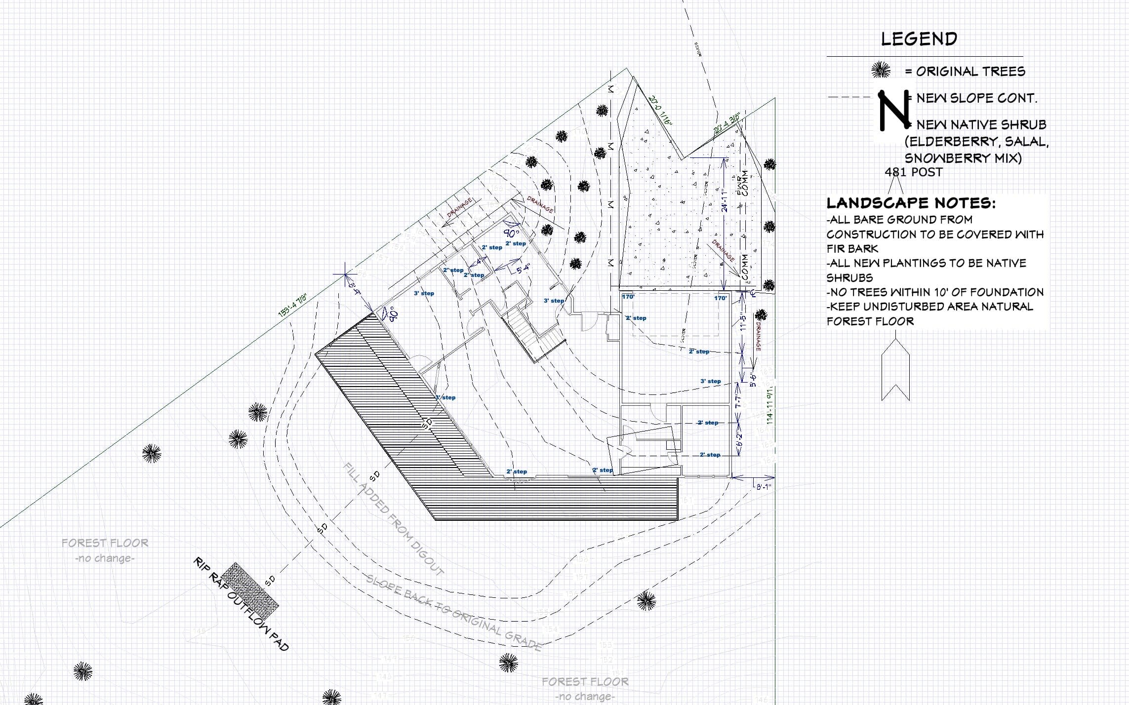 A residential site plan showing home placement, grading, landscape notes, and existing site conditions