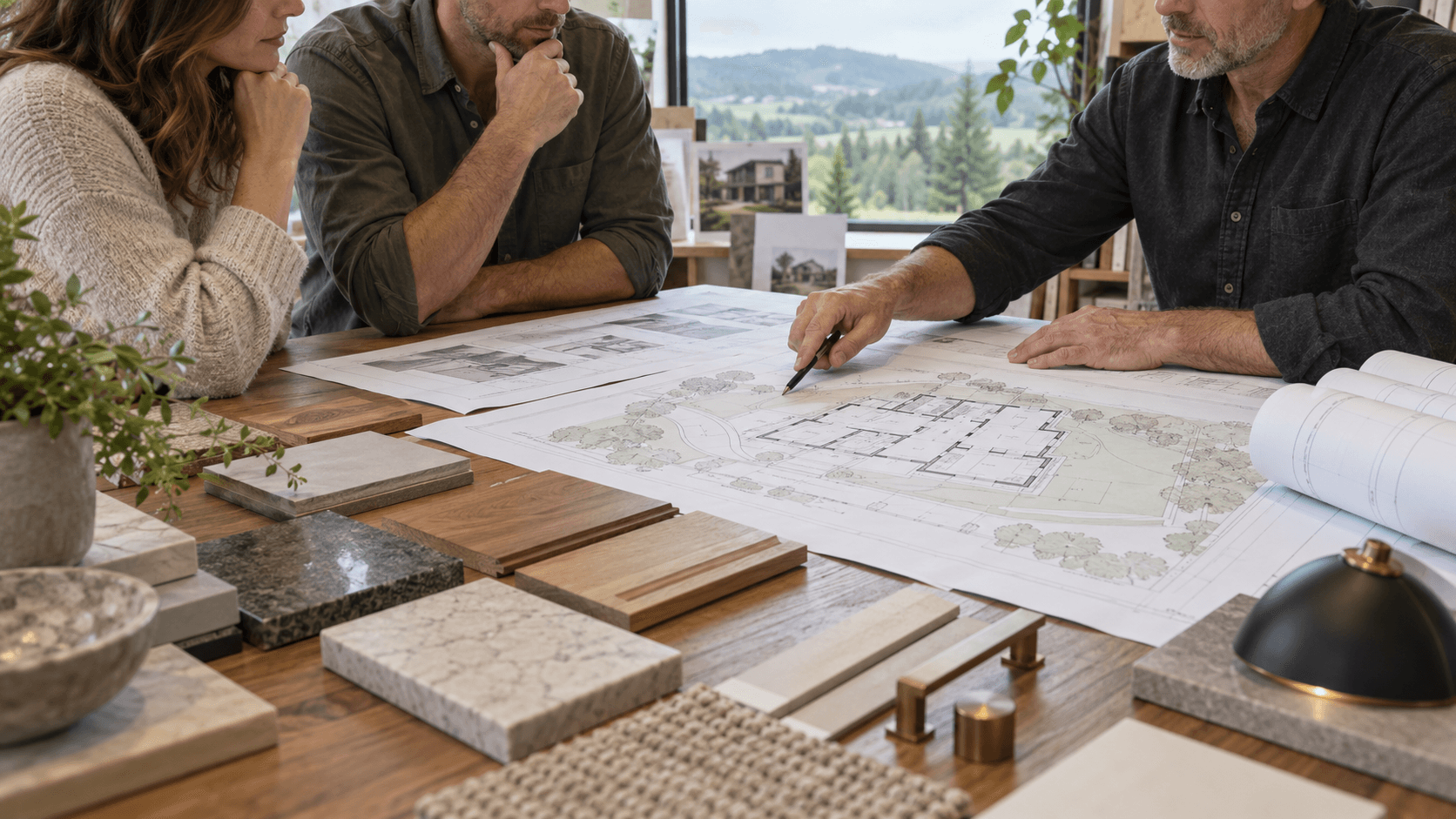 Homeowners and a designer-builder reviewing custom home plans, site information, and finish samples near McMinnville