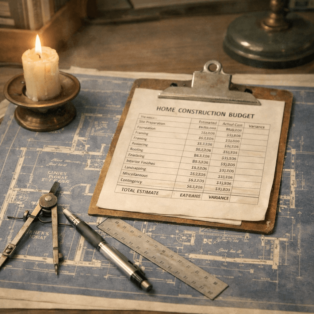 A project budget laid on top of a residential home design blueprint