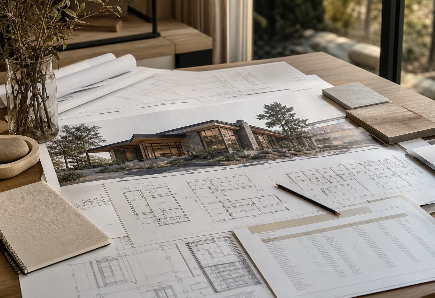 Architectural home plans and a project budget prepared before permitting