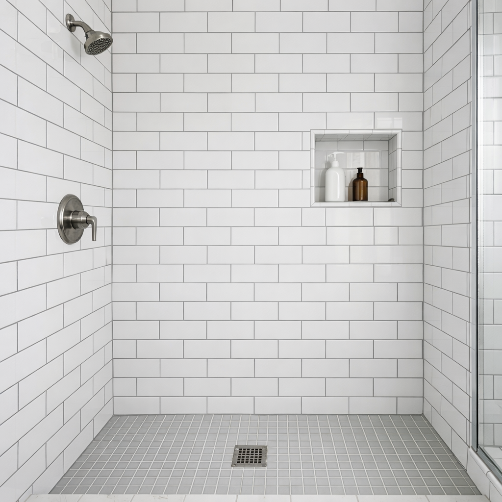 A clean modern bathroom with white subway tile walls and visible grout lines contrasted with a simple tile shower floor Bright natural lighting realis-1