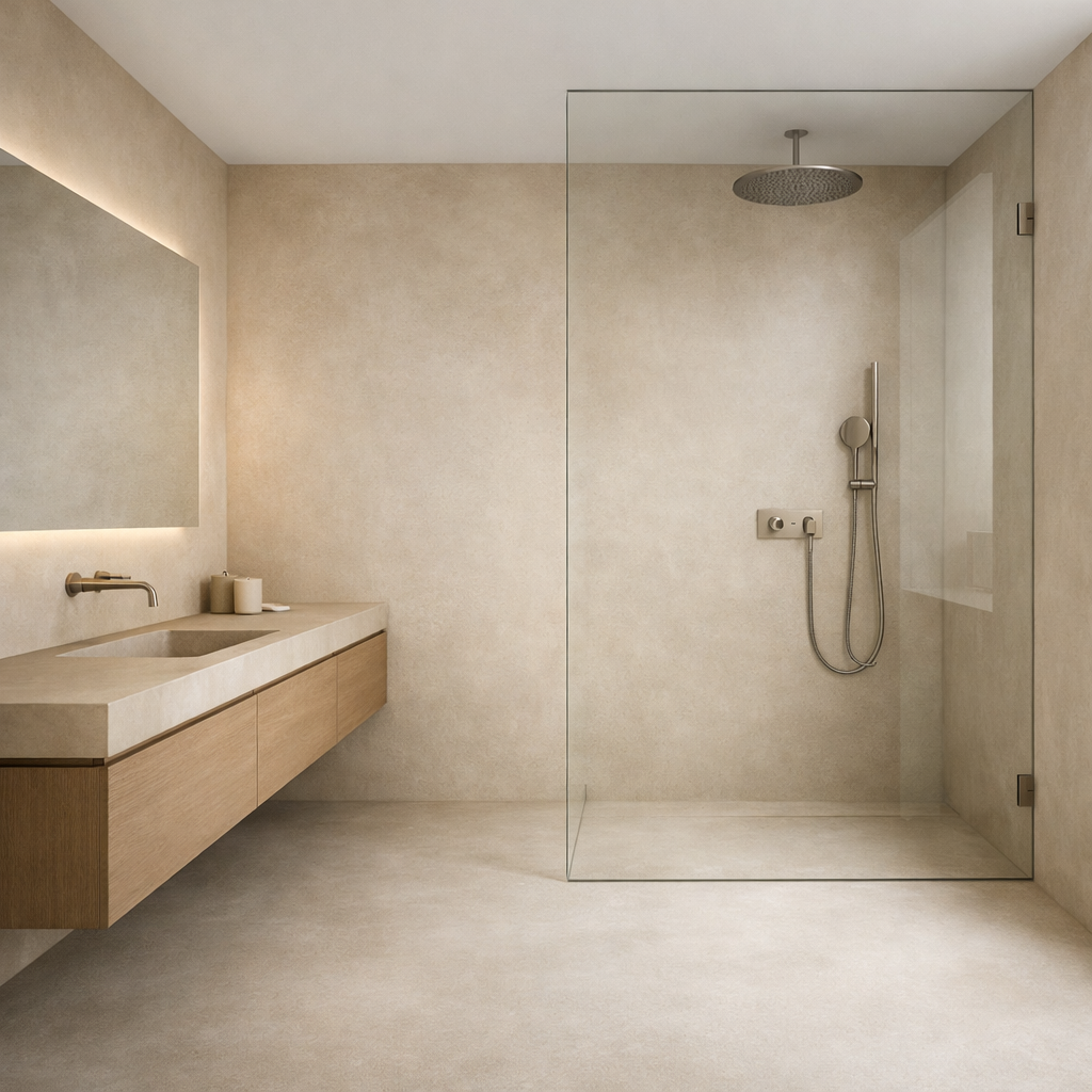 A highend modern bathroom featuring a seamless microcement shower with warm neutral tones The space has a clean architectural design with no visible g