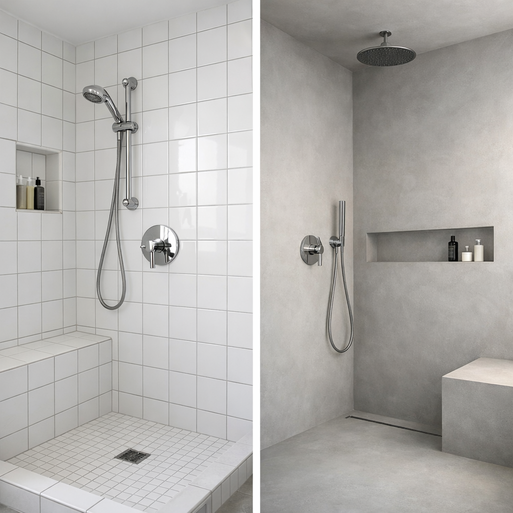 Split composition image showing two bathrooms side by side On the left a traditional tiled shower with visible grout lines On the right a seamless mic-1